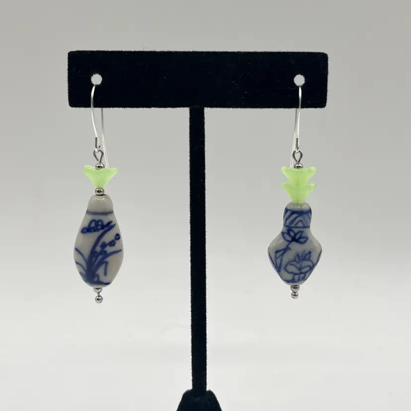 “Vases” Asymmetrical Hand Painted Vintage Ceramic Bead Earrings - Made By Me