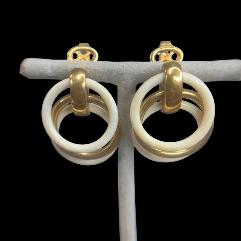 Signed Trifari Ivory & Gold Tone Circle Earrings 1 3/8”