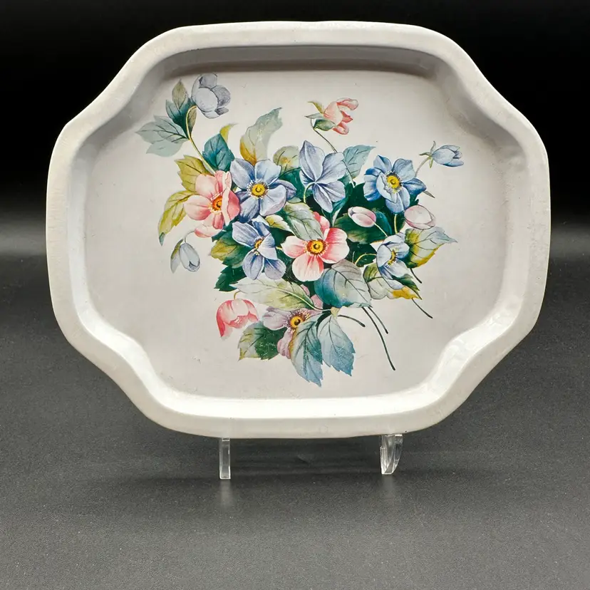 Powder Blue Floral Small Vintage Metal Tray 7”L 6”D
