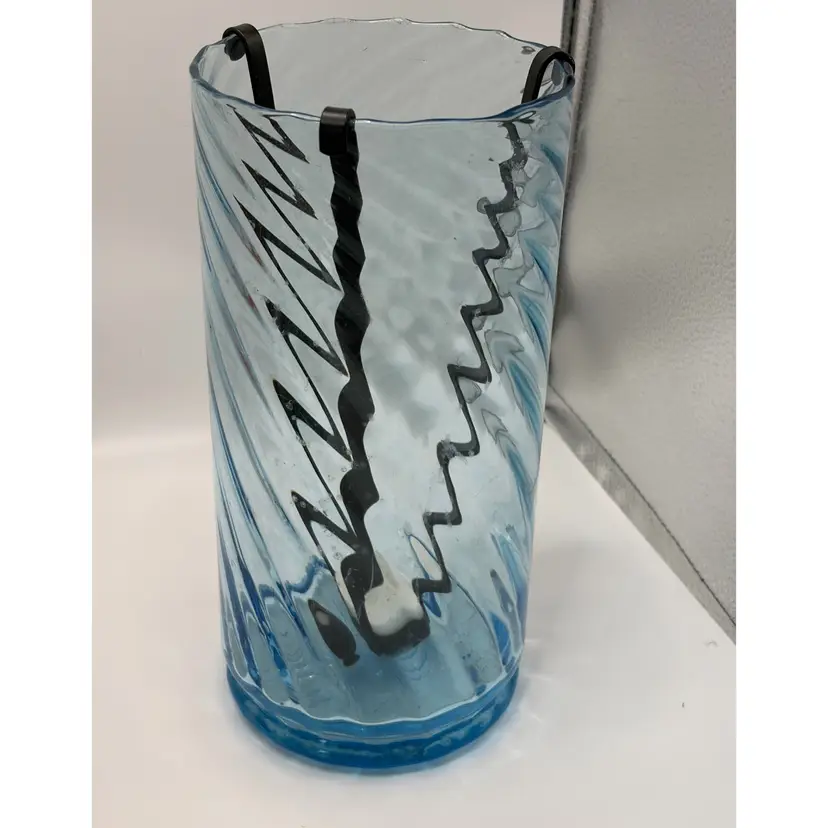 Vintage Blue Optic Swirl Glass Hurricane Lantern Candle Chimney Shade Metal Insert