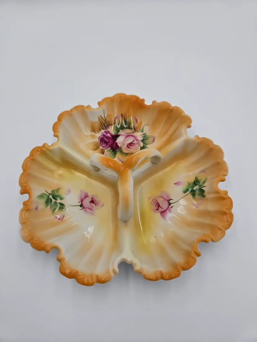 #D35 Lefton #5204 Hand Painted Yellow with Roses 3 Section Dish