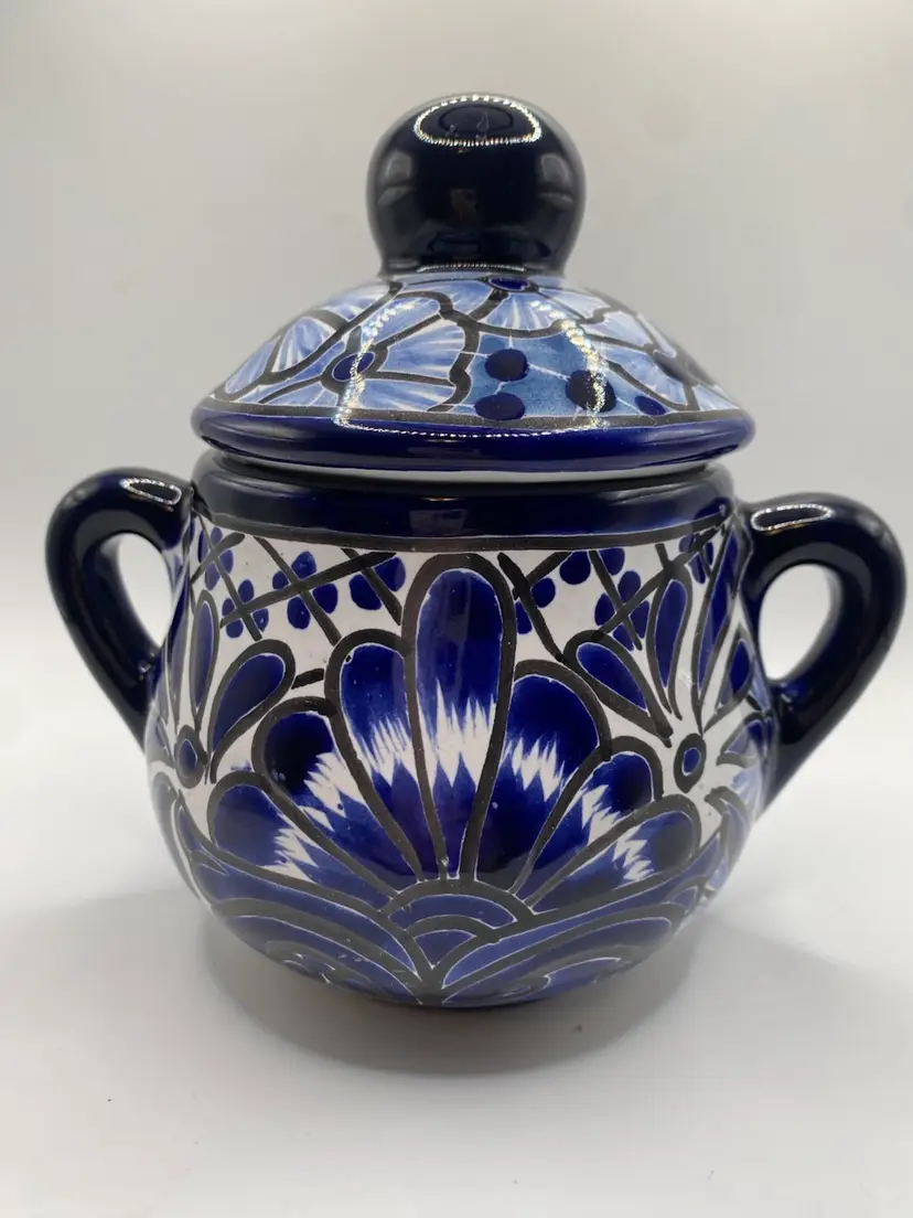 Hand-Painted Mexican Talavera Lidded Sugar Bowl - Cobalt Blue & White