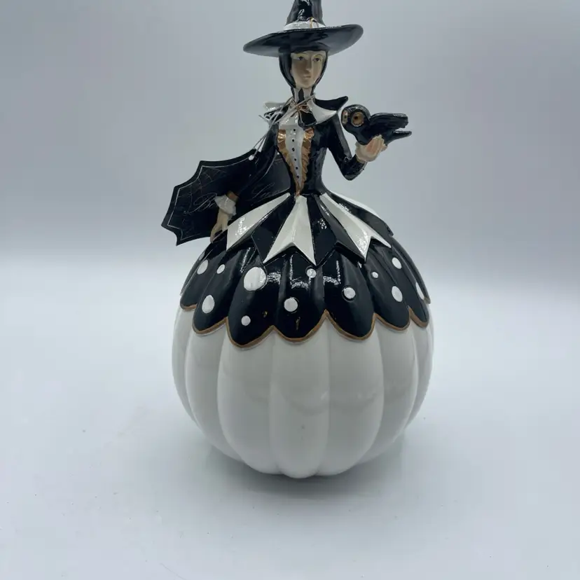 Black & White Polka Dot Pumpkin Witch Figurine Bella Lux Decor 10” Tall Owl New