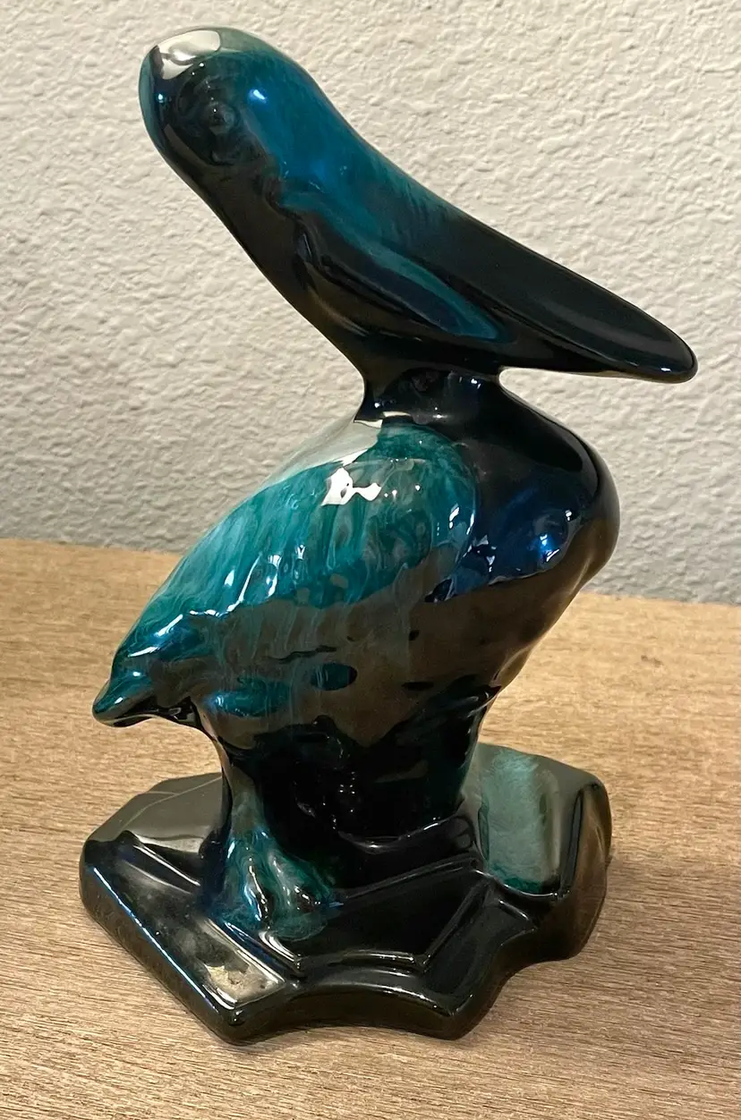 Vintage MCM Blue Mountain Pottery Pelican Figurine Mid Century Drip Glaze BMP