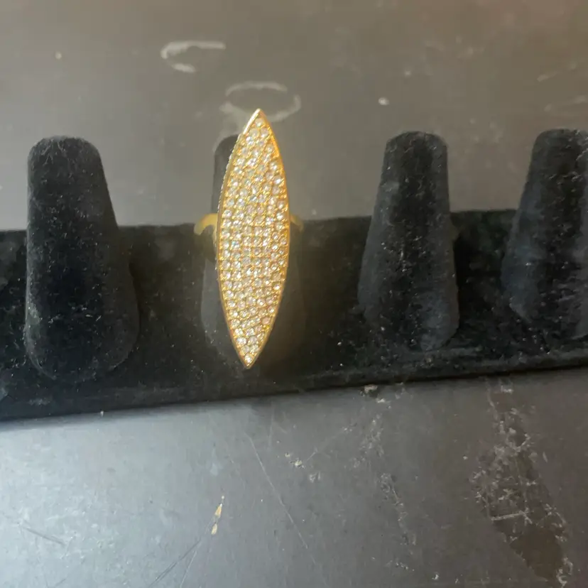 a Gold Pavé Marquise East-West Ring, 1980 Paula Abdul Gold Tone marquise w/ pave-set clear Rhinestones Sz 6