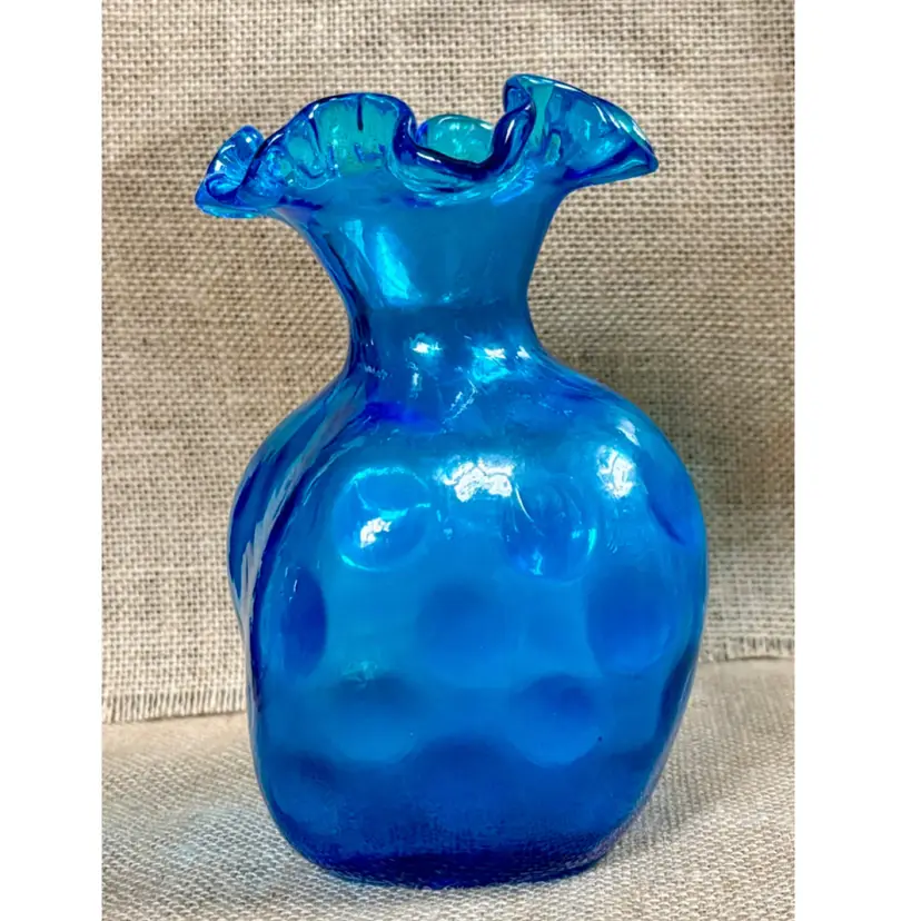 Bright Blue Handblown Glass Thumbprint Vase with Ruffle Rim Coastal Retro