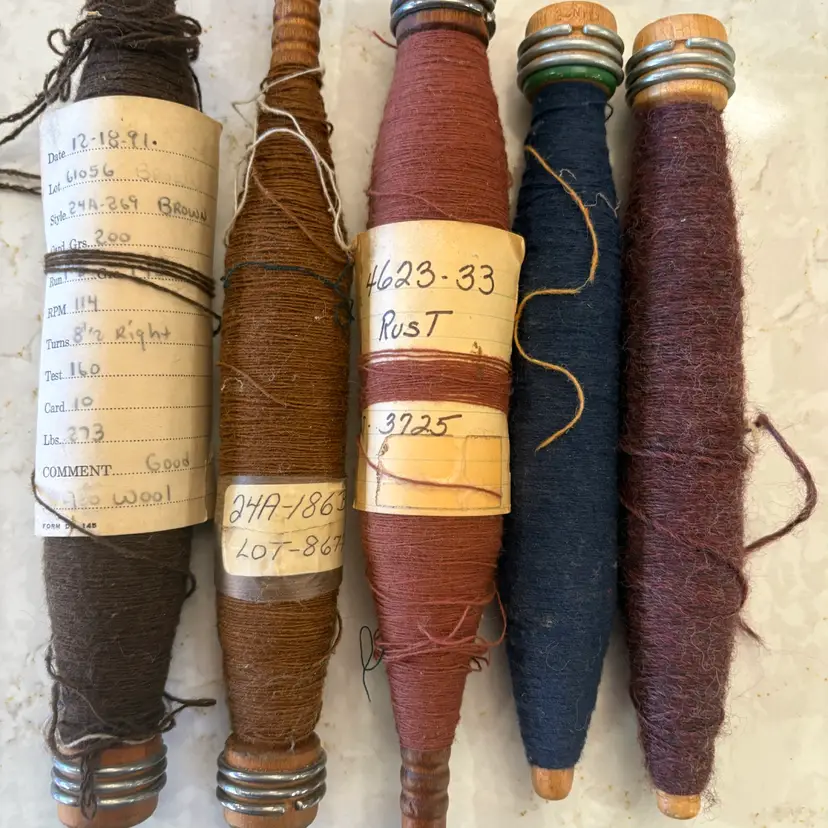 Textile Mill Wooden Spools Bobbins with Wool Yarn Lot of 5 Spools
