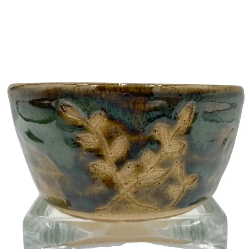 Pottery by Jeanne Wood Stoneware Bowl, Etched Branches, Green/Brown Glazes 3.7"