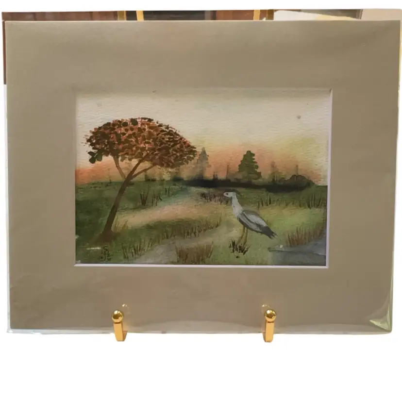 Original Watercolor Heron In 5 X 7” In 8 X 10” Beige Matte