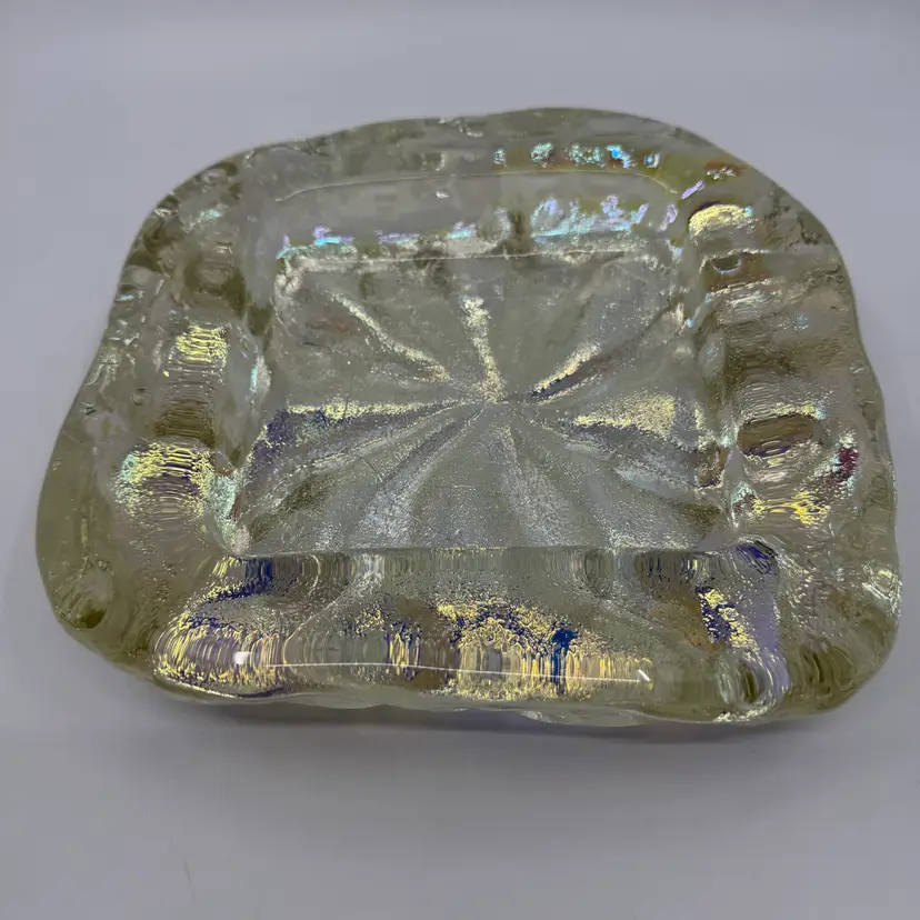 Querandi Art Glass Iridescent Ashtray/trinket Dish Ice Like Look 8.75”