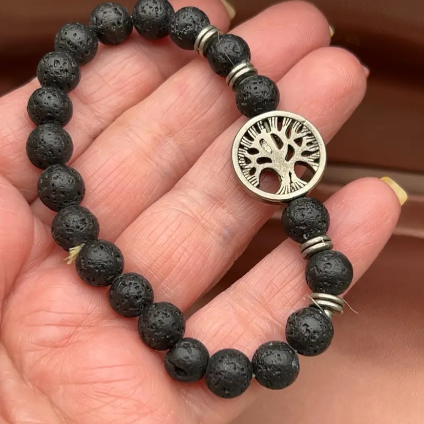 Black Lava Stone Stretch Bracelet Tree of Life Volcanic Rock Beads