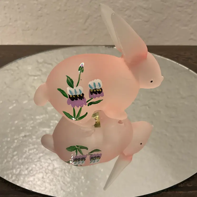 🍁Pink Frosted Satin Glass Bunny Floral Hand-painted
