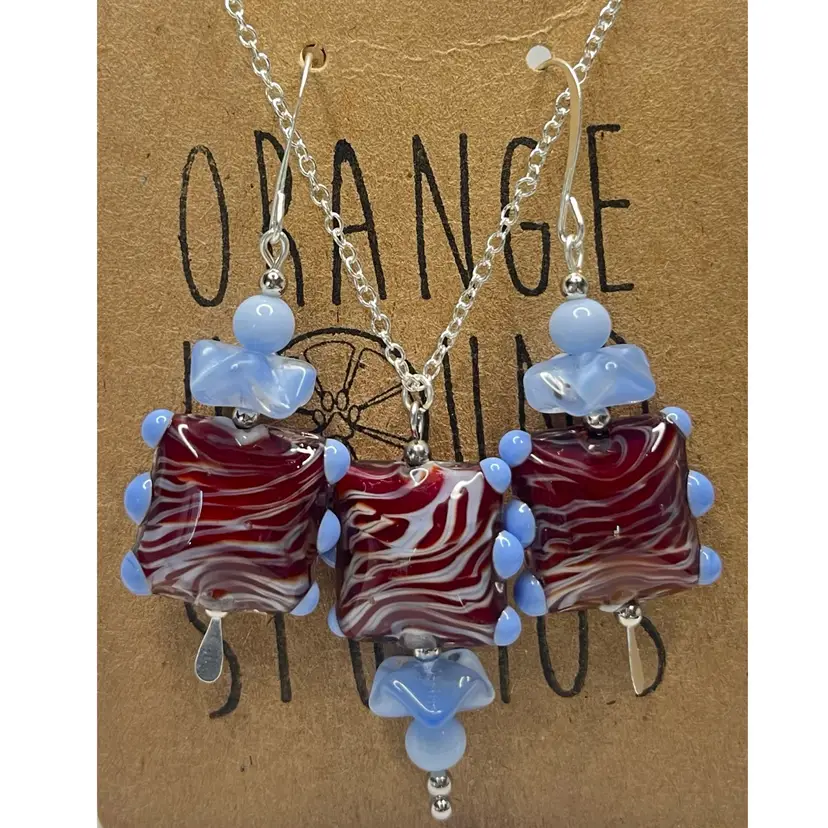#7 “Lion Fish” Earring/Necklace Set - Handmade by Me -- Vintage Lampwork