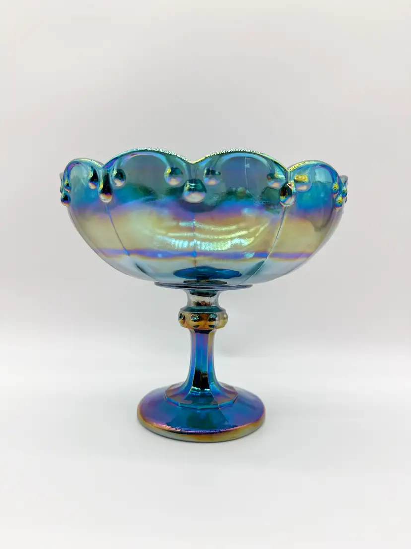 UV Reactive Indiana Glass Blue Garland Iridescent Carnival Glass Large Compote