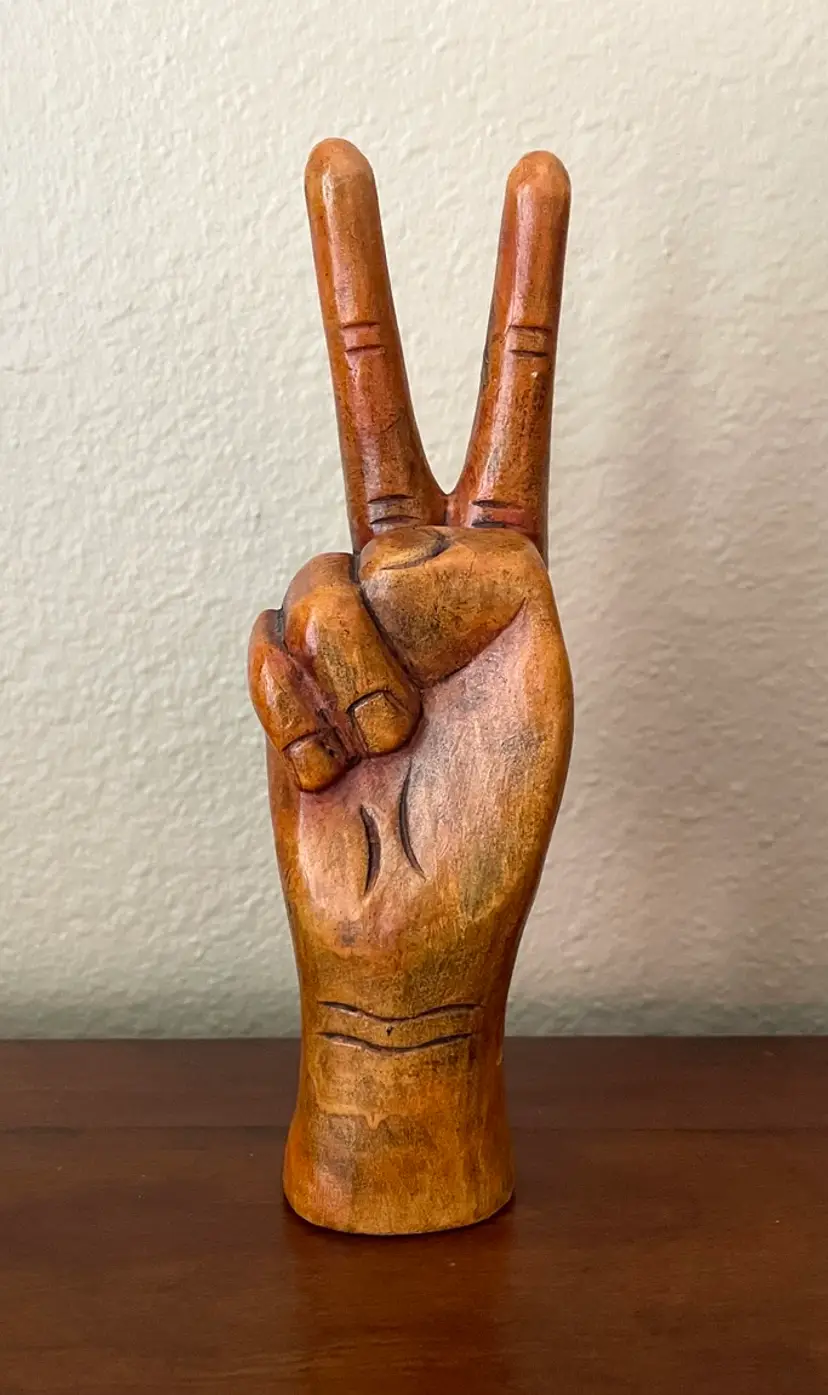 Light Weight Carved Wood Hand 2 Fingers Peace Sign BOHO Hippie Shelf Decor