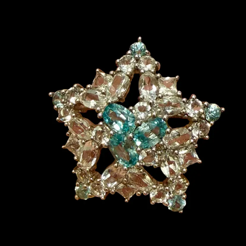SLV Sadye L Vassil 925 Sterling Silver Star Brooch w/ Blue Topaz and Clear CZ Stones, 1.25" X 1.25"