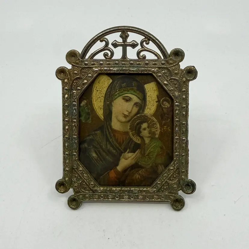 Vintage Small Metal Ornate Frame W Religious Print 3.25 X 2.5” Opening 1.75 X 2”