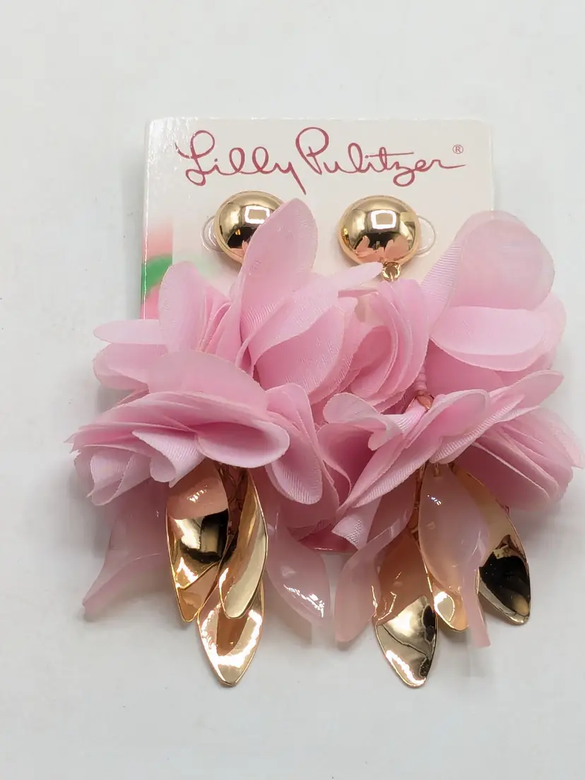 Lilly Pulitzer Gold Tone Pink Floral Fabric Statement Earrings NWT