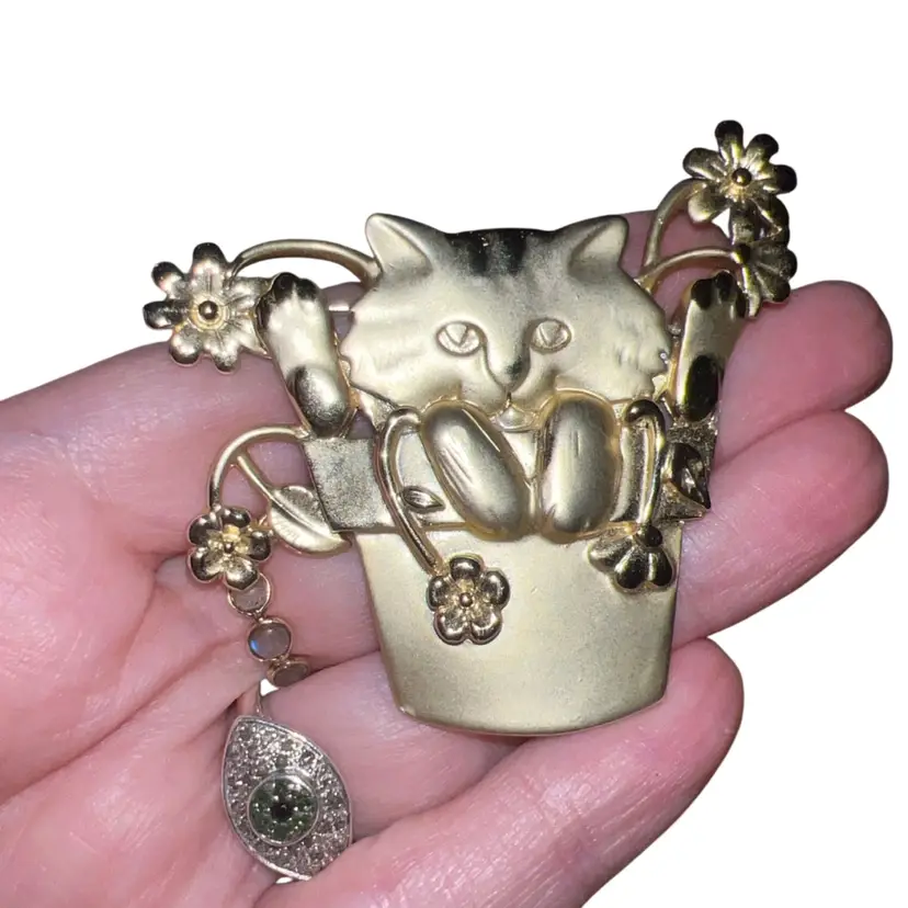 Vintage AJC Cat In A Flower Pot Brooch