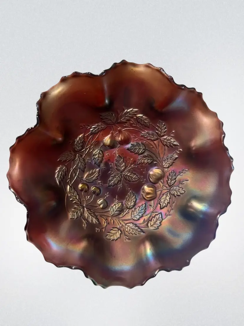 Antique Northwood Amethyst Carnival Glass Footed Ruffle bowl in the "Three Fruits" pattern Circa 1910-1915 About 9”x3.25”
