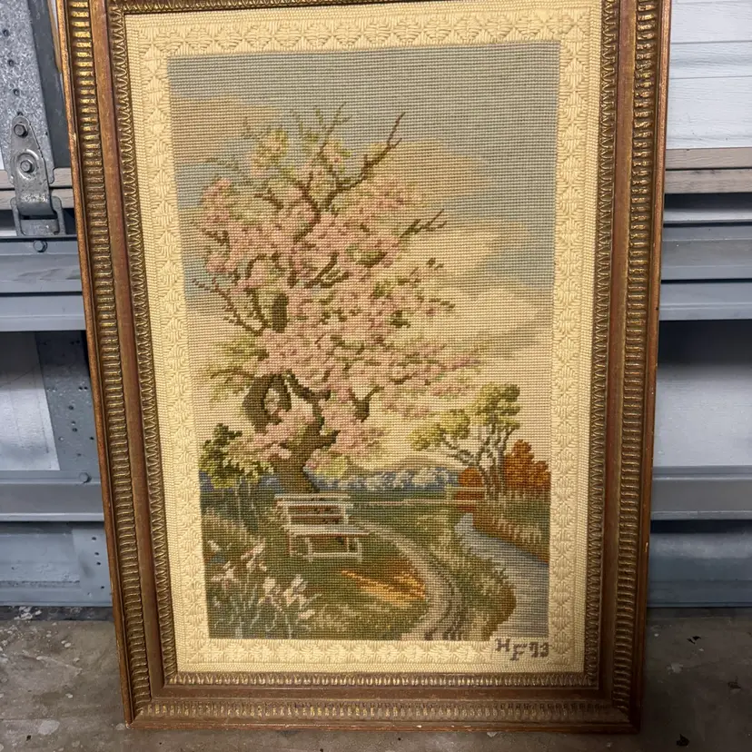 Vintage Large Framed Crewel Needlepoint Cherry Blossom Tree W Garden Bench 29”