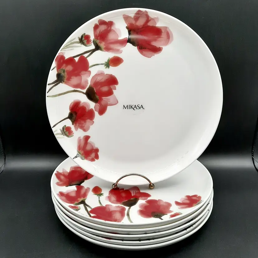 Mikasa Keira Red Poppy Dinner Plates Bone China Set of 6