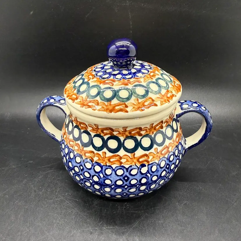 Vintage 1950s Polish Pottery Ceramika Artyscyczna Boleslawiec Lidded Sugar Bowl