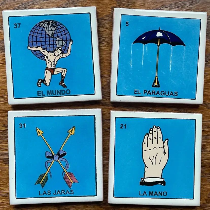 Loteria Blue Oddities Decorative Talavera Tile Coaster Set of 4 Folk Art Clay Pottery Mexico