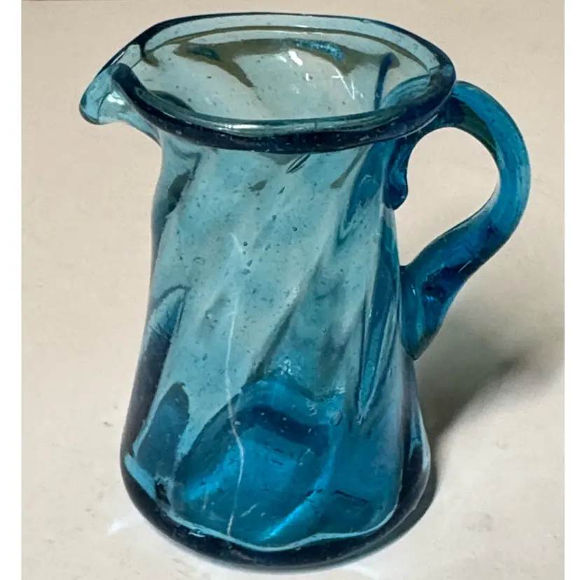 Hand Blown Blue Art Glass Creamer~Miniature 3" Tall Blue Glass Mini Pitcher
