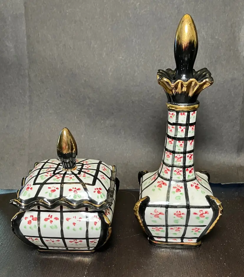 VTG Handpainted Ceramic Decanter and Covered Dish Black-and-White Plaid