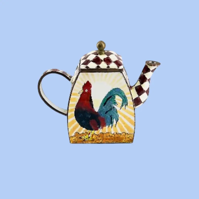 #218- Miniature Enamel Brass TeapotHand Painted Rooster Burgundy Checks