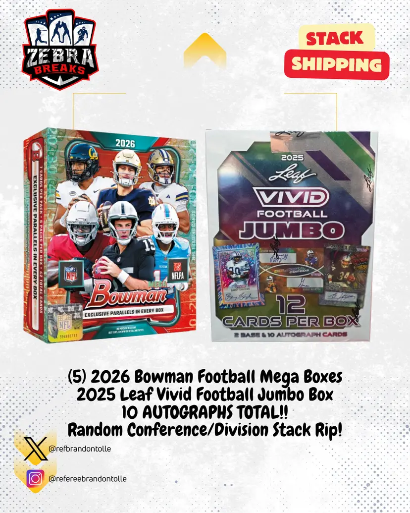 ZB 26378: (5) 2026 Bowman Football Mega Box/2025 Leaf Vivid Jumbo Box 6 Box Stack Conference/Division Rip