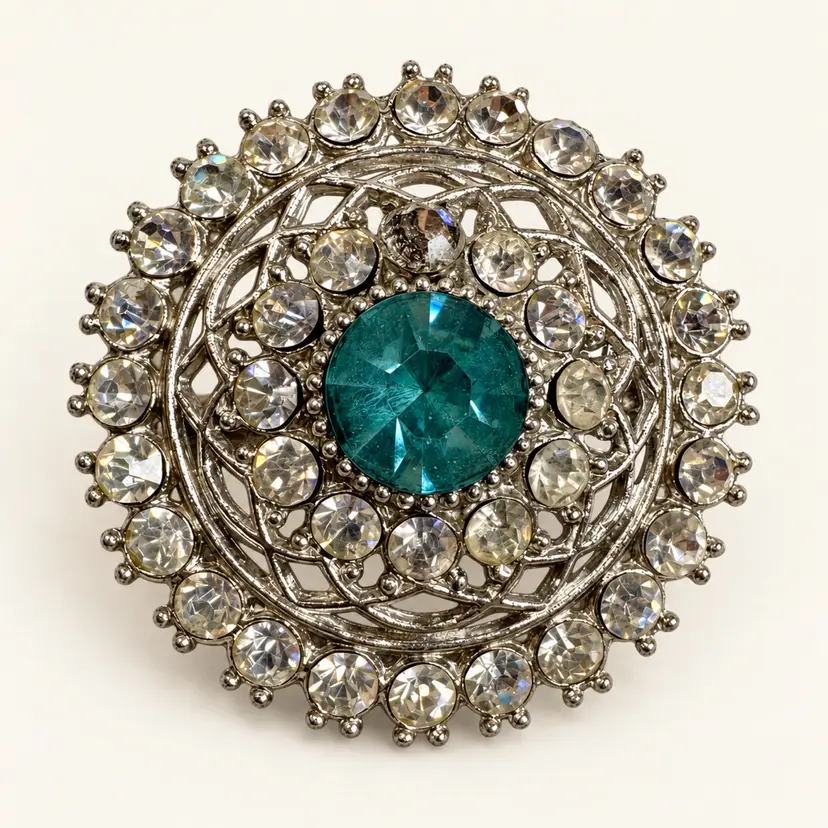 Teal Blue & Clear Rhinestone Round Brooch in Silver Tone