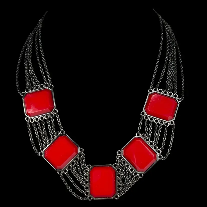Red Acrylic Panel Choker Necklace. 7-Strand Black Chain. Adjustable 16” to 20” Length. Dramatic Victorian Vampire Gothic Style.