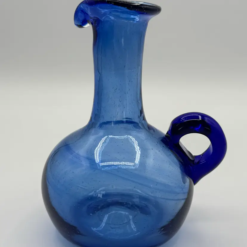 Vintage Blue Hand Blown Glass Miniature Pitcher Jug Cruet Rough Pontil 6"