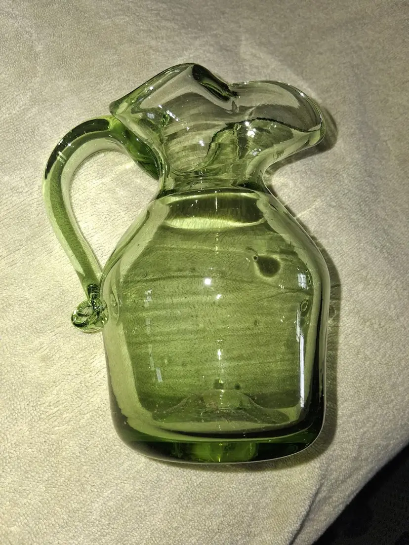 Jamestown Blown Green  Glass  Miniature Pitcher / Creamer w/Applied Handle