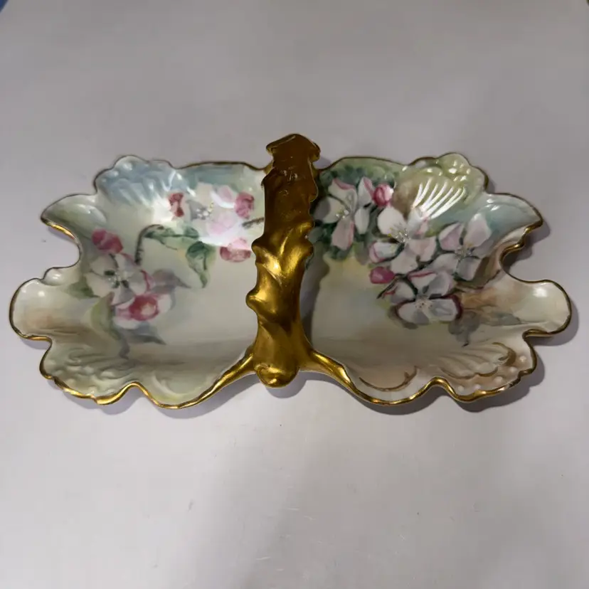 Jean Pouyat Limoges hand-painted porcelain dish with gold handle