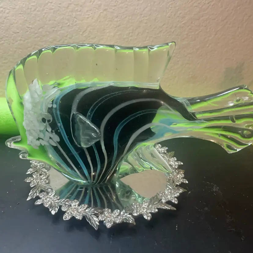 Gorgeous 10” Wide Art Glass Fish with marbled patterning.