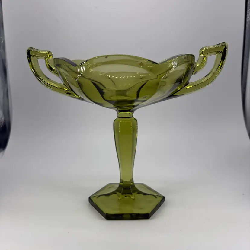 Westmoreland Olive Green Colonial Glass Footed Compote With Two Handles
