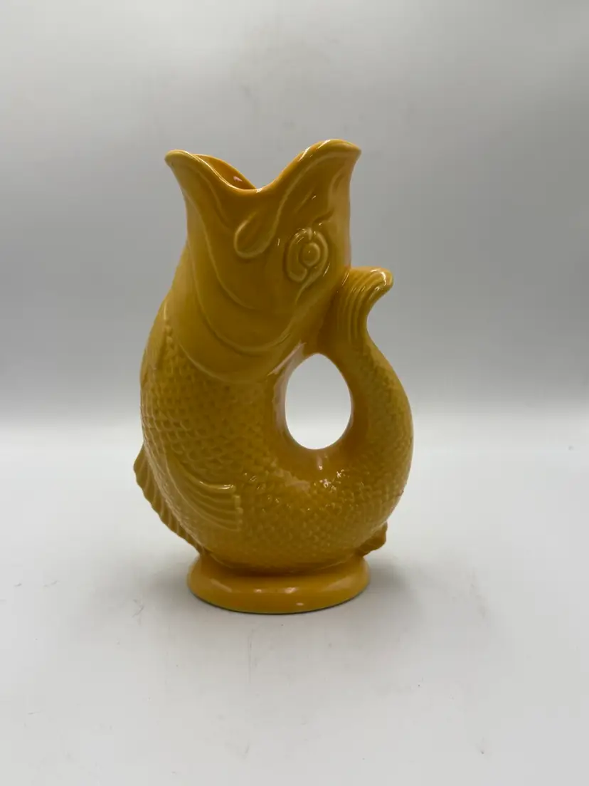 Wade Gluggle Jug Fish Pitcher Yellow Gurgle Vase Ceramic England 10.5”