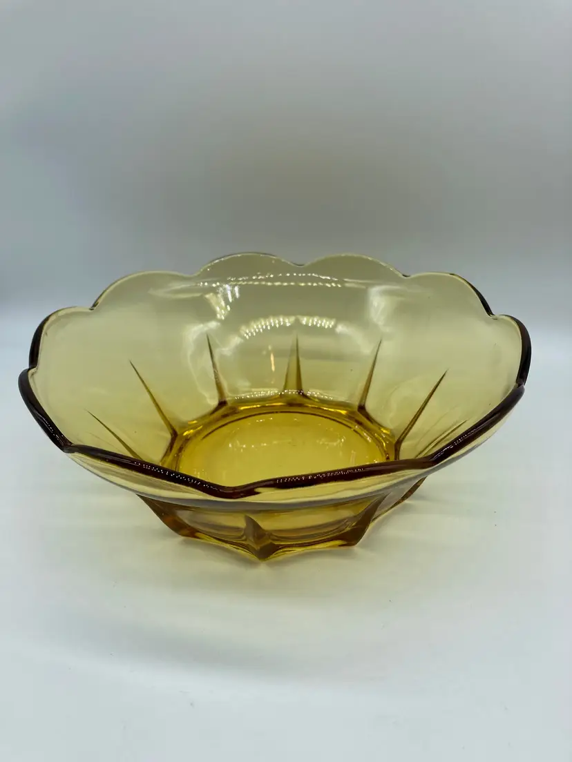 MCM Amber Honey Gold Glass Flower Bowl: Anchor Hocking Scalloped, 1960s Vintage