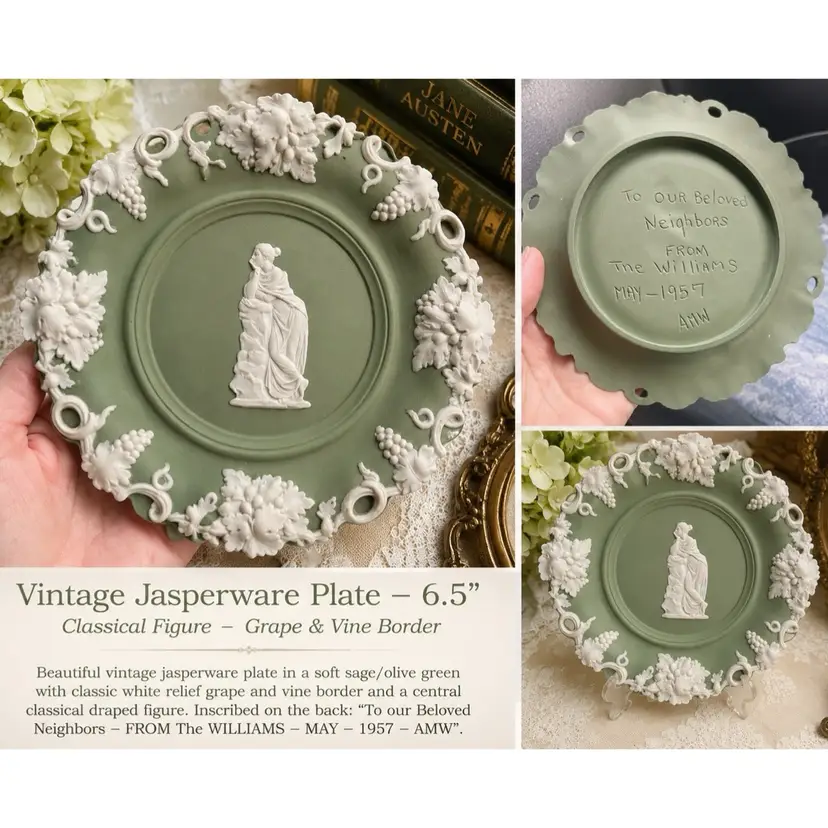 Vintage 1957 Green Jasperware Style Decorative Plate – Classical Lady – Grape Vine Relief – Inscribed 6.5”