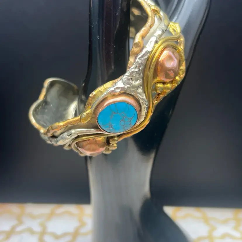 Artisan Brutalist Mixed Metal Cuff Bracelet Brass Copper Silver Turquoise-Colored Stone Statement 2½” Opening
