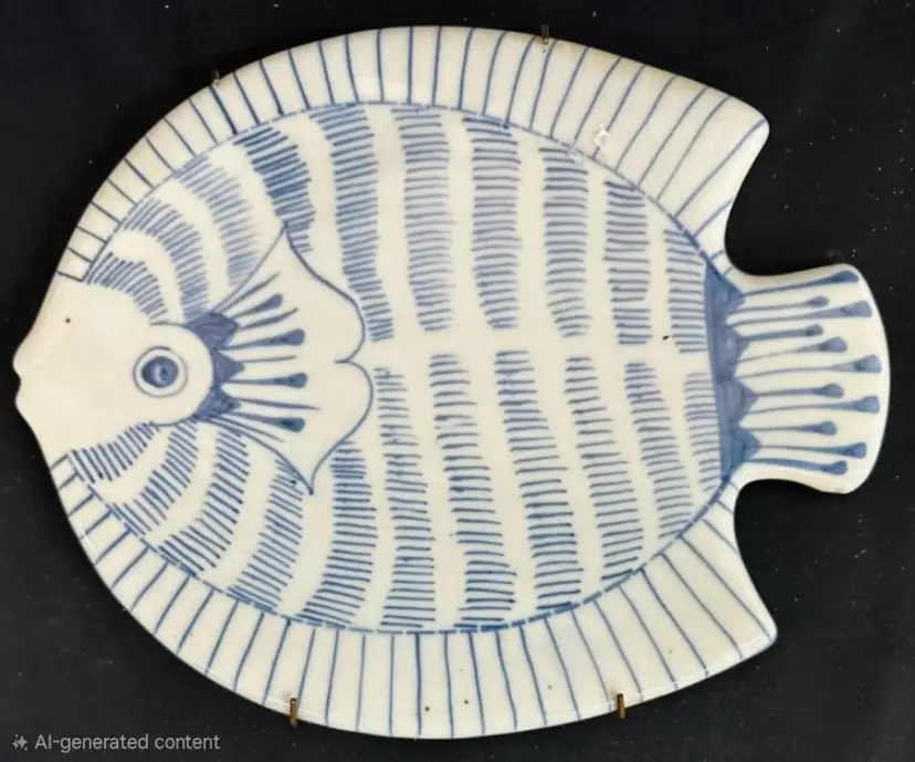16.5" Blue and White Hand-Painted Ceramic Fish-Shaped Platter with Wall Hanger Labeled “Knobler 80’s Brana”