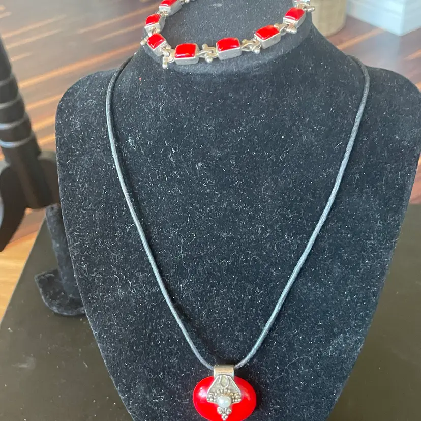 Sterling Silver & Red Stone Necklace & Bracelet Set