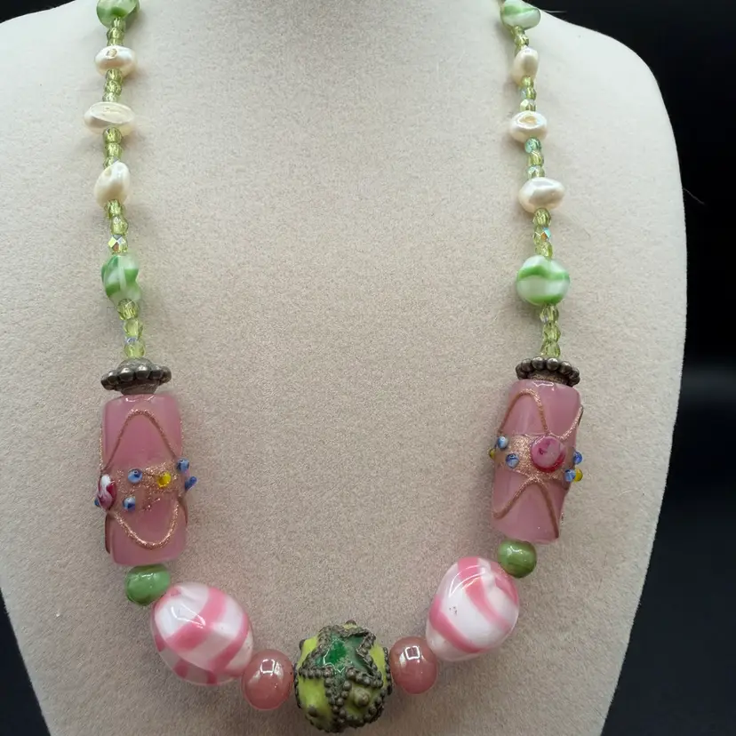 MGP- Artisanal Pink & Green Lampwork Glass And Freshwater Pearl Necklace
