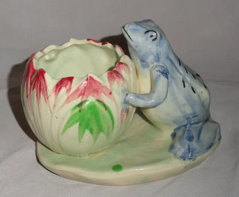 Vintage Ceramic Blue Frog/Toad Planter ~ Lilly Pad Vase  ~ 1950's Japan