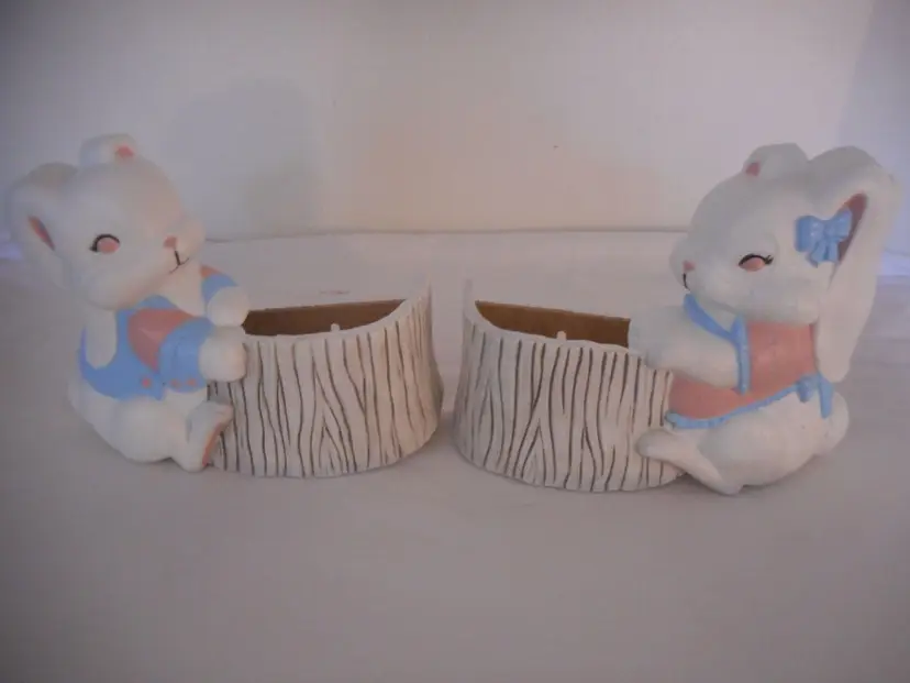 Vintage Burwood Boy/Girl Easter Bunny Storage Plaques Rabbit Wall pocket