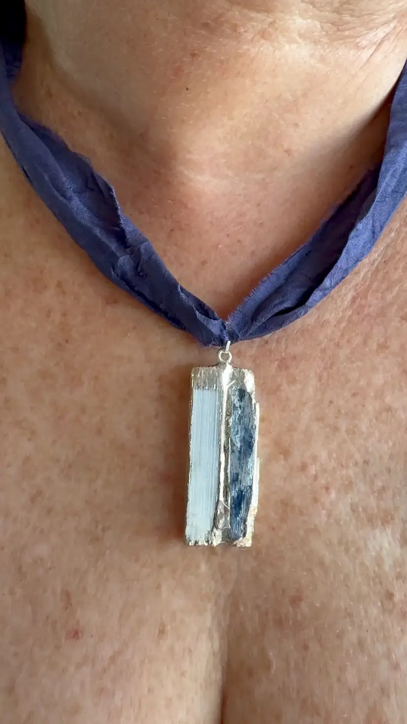 Blue Sari Silk Ribbon Necklace With Silver Blue Sodalite And White Pendant