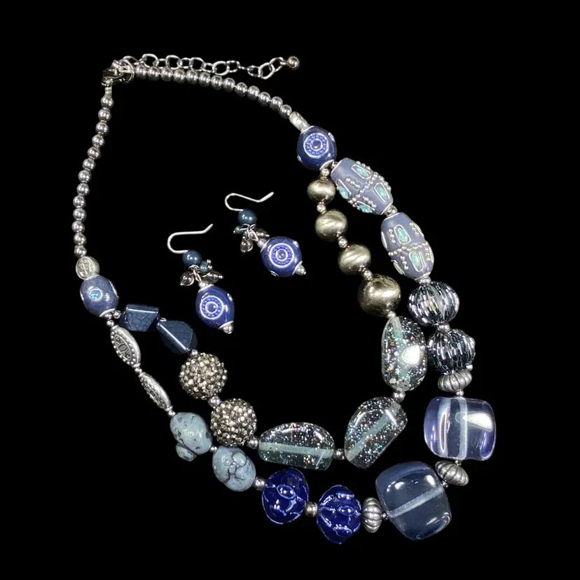 2-Strand Chunky Textured Beaded Necklace Earrings Silver Tone #09
